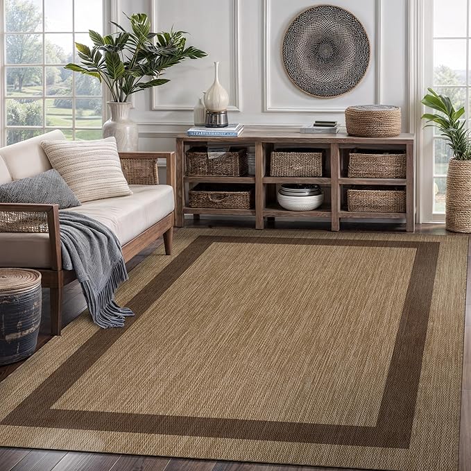 CAMILSON Outdoor Rug 6x9 - Modern Outside Rugs for Patios Porches Waterproof Durable Washable Non-Shedding, Easy-to-Clean Indoor Outdoor Area Carpet (6 x 9, Bordered - Jute)