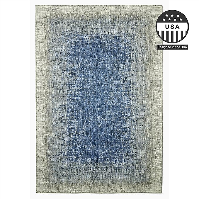 FH Home Outdoor Rug - Waterproof Easy to Clean Stain Resistant - Patio Indoor Outdoor Porch Deck Balcony Entryway - Ombre Modern - Dhruva - Blue - 6' x 9'