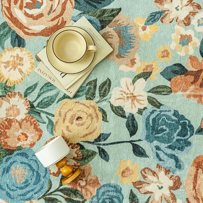 Washable Floral Area Rug 4x6 Green Office Carpet Scalloped Flower Non Slip Soft Living Room Rug Farmhouse Low Pile Thin Indoor Floor Cover for Bathroom Bedroom Kitchen Laundry Dining Room