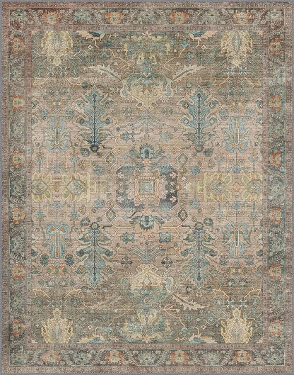 Bavni 8x10 Area Rugs for Living Room, Machine Washable Rug Lightweight Low Pile, Chenille Non Slip Rug Boho Print Decorative Carpet for Bedroom Dinner Room, Olive Green