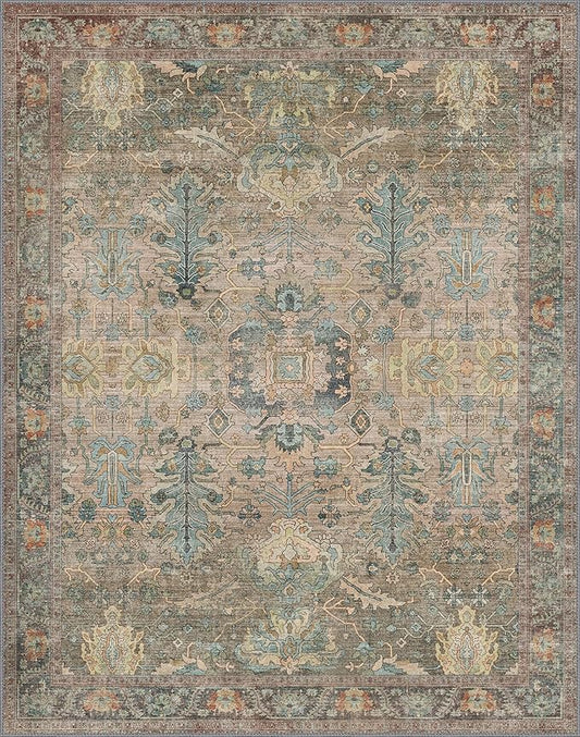 Bavni 8x10 Area Rugs for Living Room, Machine Washable Rug Lightweight Low Pile, Chenille Non Slip Rug Boho Print Decorative Carpet for Bedroom Dinner Room, Olive Green