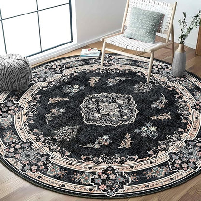 MUJOO Black Round Rug 6ft,Circle Washable Area Rugs for Bedroom Living Room Bathroom,Boho Large Vintage Bohemian Distressed Farmhouse Non Slip Circular Carpet,Floral