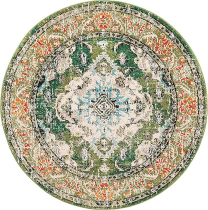 SAFAVIEH Monaco Collection Area Rug - 4' Round, Forest Green & Light Blue, Boho Medallion Distressed Design, Non-Shedding & Easy Care, Ideal for High Traffic Areas in Living Room, Bedroom (MNC243F)