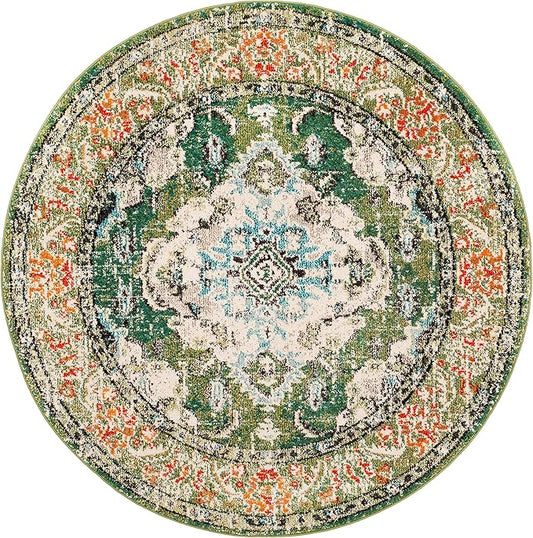 SAFAVIEH Monaco Collection Area Rug - 4' Round, Forest Green & Light Blue, Boho Medallion Distressed Design, Non-Shedding & Easy Care, Ideal for High Traffic Areas in Living Room, Bedroom (MNC243F)