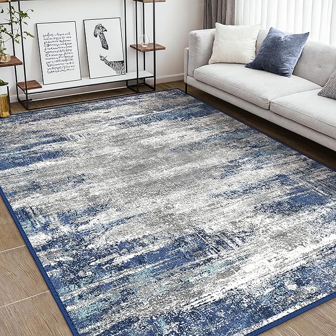 Bavni 10x14 Area Rugs, Modern Living Room Rugs, Large Machine Washable Rug Non-Slip, Soft Pet Friendly Rugs for Bedroom, Playroom, Dining Room, Blue/Ivory