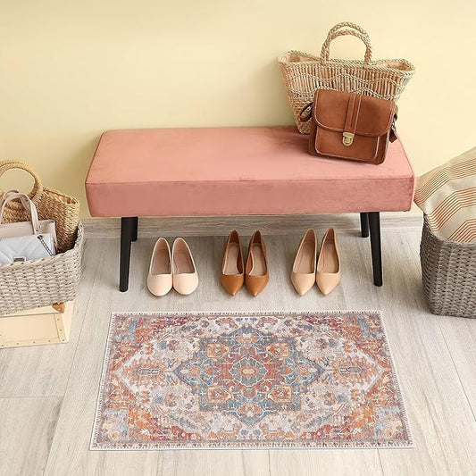GLN Rugs Traditional Collection - Machine Washable Area Rug, Traditional Washable, Non Slip, Low Pile Chenille Rug, Living Room, Bedroom, Kitchen Rug (2' x 3' Cream/Terra)