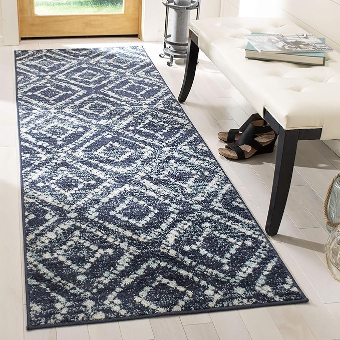 SAFAVIEH Adirondack Collection Runner Rug - 2'6" x 14', Navy & Ivory, Modern Diamond Distressed Design, Non-Shedding & Easy Care, Ideal for High Traffic Areas in Living Room, Bedroom (ADR131N)
