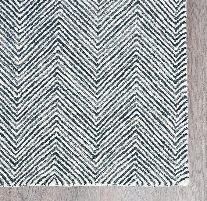 Modern Herringbone Chevron Collection Handcrafted Wool Area Rug - Durable, Zigzag Pattern, for High Traffic, Contemporary Design for Living Room, Bedroom, Dining Room Decor (Denim Blue, 6' round)