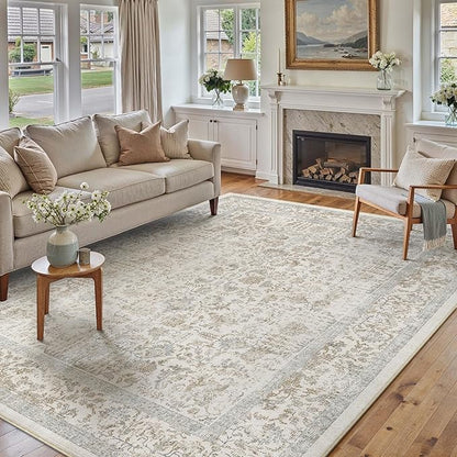 Taupe Area Rug 8x10 Machine Washable Large Vintage Living Room Distressed Non Slip Carpet Traditional Indoor Bedroom Retro Floral Accent Throw Rug for Office Kitchen Dining Room