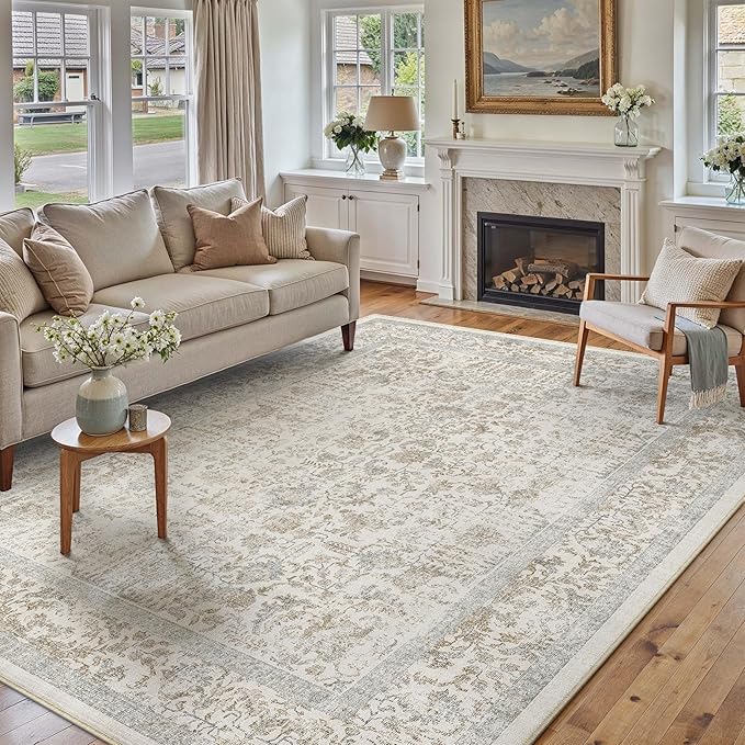 Taupe Area Rug 9x12 Machine Washable Large Vintage Living Room Distressed Non Slip Carpet Traditional Indoor Bedroom Retro Floral Accent Throw Rug for Office Kitchen Dining Room