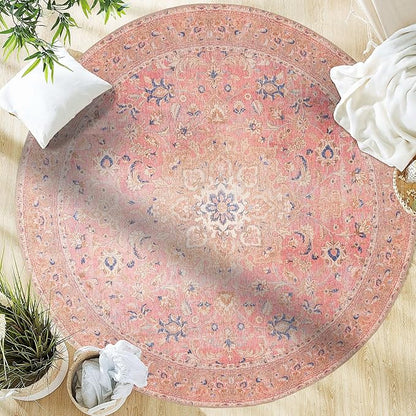 GLN Rugs Traditional Collection - Machine Washable Area Rug, Traditional Washable, Non Slip, Low Pile Chenille Rug, Living Room, Bedroom, Kitchen Rug (5'3" Round Pink/Cream)