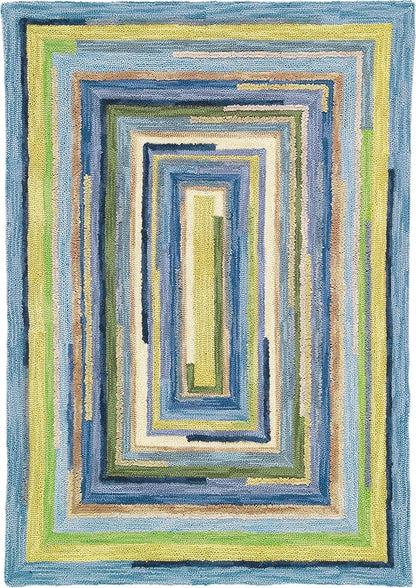 Company C Concentric Squares Area Rug Wool 5' X 8', Sky Striped