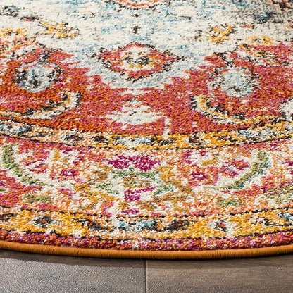 SAFAVIEH Monaco Collection Area Rug - 5' Round, Orange & Light Blue, Boho Chic Medallion Distressed Design, Non-Shedding & Easy Care, Ideal for High Traffic Areas in Living Room, Bedroom (MNC243H)
