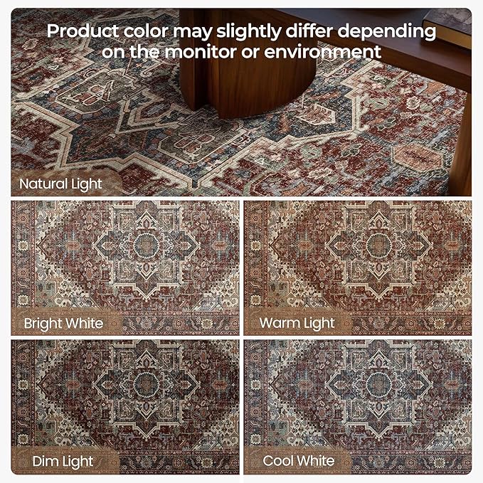 Kokia 9x12 Washable Area Rugs Maroon with Vintage Orient Design, Soft Rug for Living Room or Bedroom, Non-Slip Low Pile Stain Resistance Features, Distressed Medallion Pattern