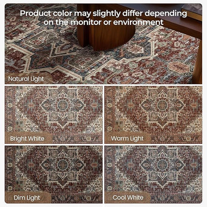 Kokia 9x12 Washable Area Rugs Maroon with Vintage Orient Design, Soft Rug for Living Room or Bedroom, Non-Slip Low Pile Stain Resistance Features, Distressed Medallion Pattern