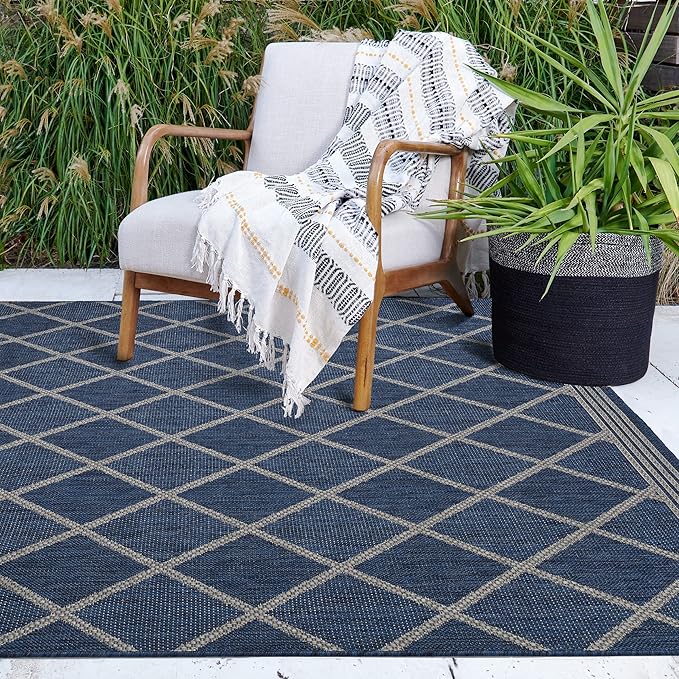 FH Home Flat Woven Outdoor Rug - Waterproof, Easy to Clean, Stain resistant - Premium Polypropylene Yarn - Moroccan Geometric Lattice - Large Patio, Deck, Sunroom - Tunis - Blue - 7ft 10 in x 10ft 9in