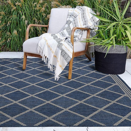 FH Home Flat Woven Outdoor Rug - Waterproof, Easy to Clean, Stain resistant - Premium Polypropylene Yarn - Moroccan Geometric Lattice - Large Patio, Deck, Sunroom - Tunis - Blue - 7ft 10 in x 10ft 9in
