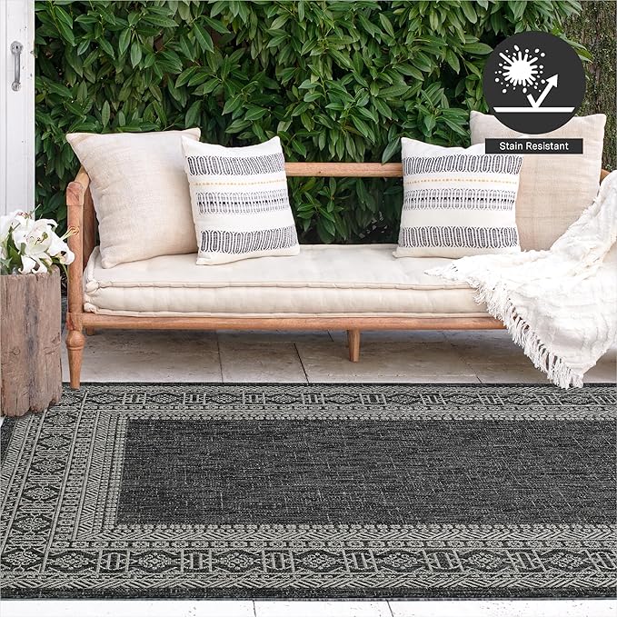 FH Home Flat Woven Outdoor Rug - Waterproof, Easy to Clean, Stain Resistant - Premium Polypropylene Yarn - Bordered Moroccan - Patio, Porch, Deck, Balcony - Accra - Charcoal - 5ft 2in x 7ft 6in
