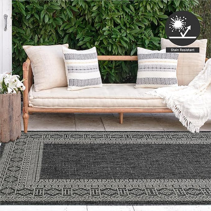 FH Home Flat Woven Outdoor Rug - Waterproof, Easy to Clean, Stain resistant - Premium Polypropylene Yarn - Bordered Moroccan - Patio, Deck,Porch,Balcony,Laundry - Accra - Charcoal - 3ft 11in x 5ft 6in