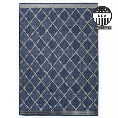 FH Home Flat Woven Outdoor Rug - Waterproof, Easy to Clean, Stain resistant - Premium Polypropylene Yarn - Moroccan Geometric Lattice - Large Patio, Deck, Sunroom - Tunis - Blue - 7ft 10 in x 10ft 9in