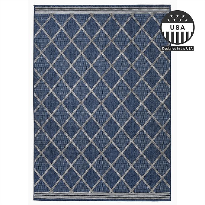 FH Home Flat Woven Outdoor Rug - Waterproof, Easy to Clean, Stain Resistant - Premium Polypropylene Yarn - Moroccan Geometric Lattice - Patio, Porch, Deck, Balcony - Tunis - Blue - 5ft 4in x 7ft 6in