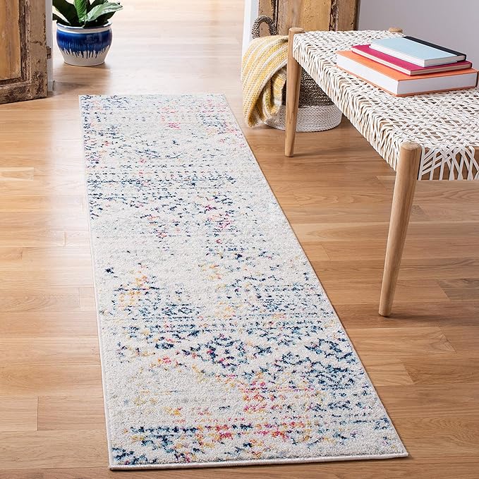 SAFAVIEH Tulum Collection Runner Rug - 2' x 15', Ivory & Blue, Moroccan Boho Tribal Design, Non-Shedding & Easy to Clean, Ideal for Living Room, Hallway, Foyer, Bedroom (TUL272C)