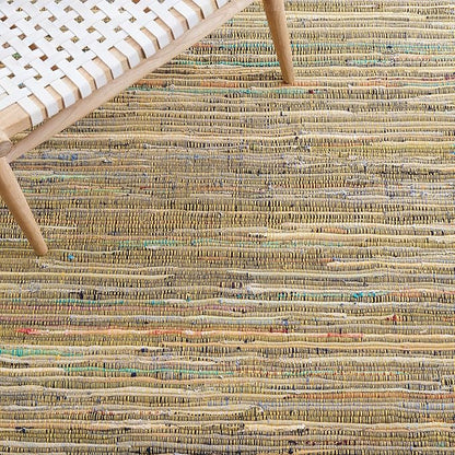 SAFAVIEH Rag Rug Collection Area Rug - 6' Square, Yellow & Multi, Handmade Boho Stripe Cotton, Ideal for High Traffic Areas in Living Room, Bedroom (RAR121H)