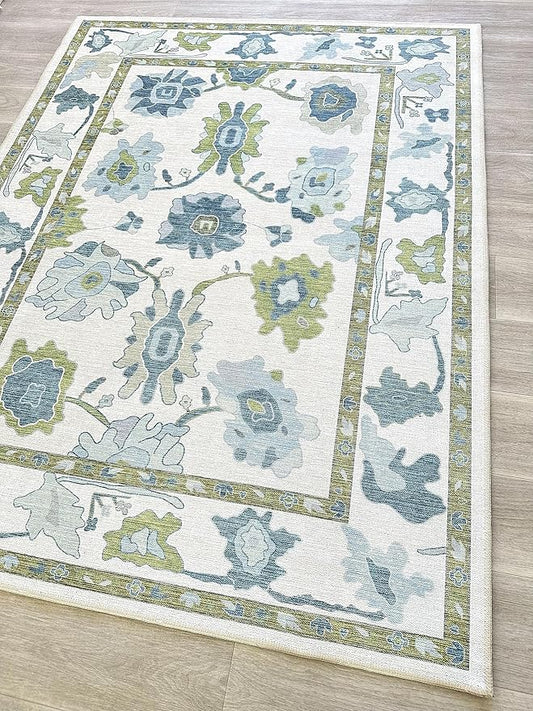 Fame Living Green Oushak Rug, Modern, Vintage, Turkish, Eclectic, Floral, Pastel, Washable, Area Rugs for Living Room, Dining, Bedroom, Office, Entryway, Foyer, Playroom, Nursery, 5'x6'9"