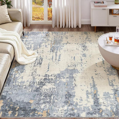 5x8 Area Rug Living Room Rugs - Washable Neutral Modern Abstract Soft Thin Rug Indoor Floor No Slip Rug Carpet for Bedroom Under Dining Table Home Office Decor - Blue/Light Brown