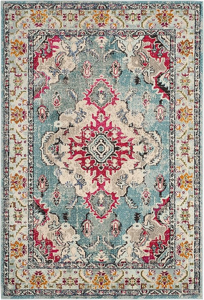 SAFAVIEH Monaco Collection Accent Rug - 4' x 5'7", Light Blue & Fuchsia, Medallion Distressed Design, Non-Shedding & Easy Care, Ideal for High Traffic Areas in Entryway, Living Room, Bedroom (MNC243J)