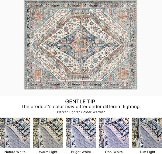 Bavni Kitchen Rug 2x7 Runner Rugs for Hallways Entryway, Washable Vintage Print Carpet, Ultra-Thin Chenille Low Pile Lightweight Rug with Non Slip Backing, Blue/Orange