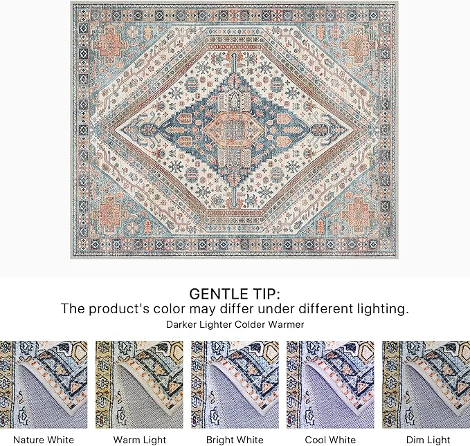 Bavni Washable Rug 8x10 Area Rug for Living Room Bedroom Dining, Washable Vintage Print Carpet, Ultra-Thin Chenille Low Pile Lightweight Rug with Non Slip Backing, Blue/Orange