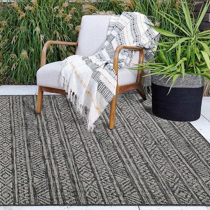 FH Home Flat Woven Outdoor Rug - Waterproof, Easy to Clean, Stain resistant - Premium Polypropylene Yarn - Striped Boho - Patio,Deck,Porch,Balcony, Laundry Room - Amman - Charcoal - 3ft 11in x 5ft 6in