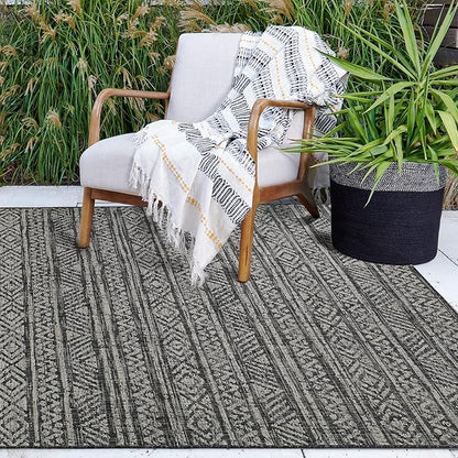 FH Home Flat Woven Outdoor Rug - Waterproof, Easy to Clean, Stain Resistant - Premium Polypropylene Yarn - Striped Boho - Patio, Porch, Deck, Balcony - Amman - Charcoal - 5ft 2in x 7ft 6in