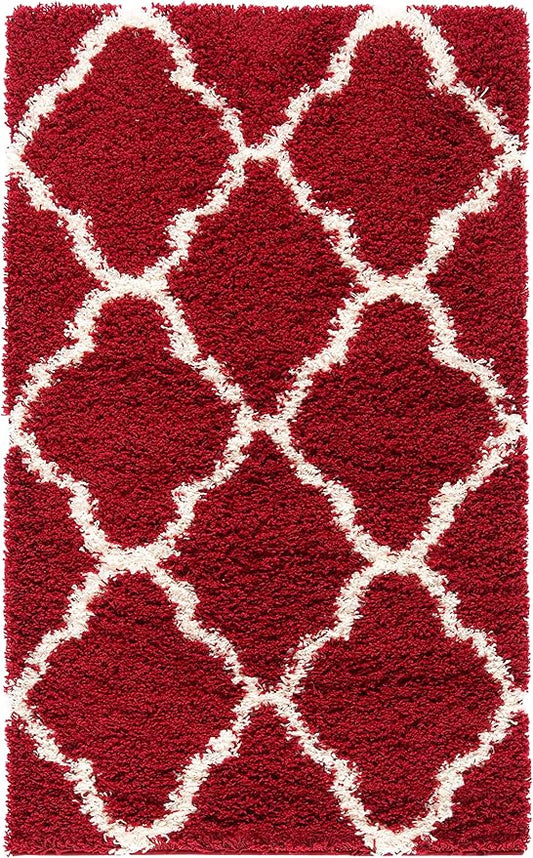 SAFAVIEH Dallas Shag Collection Accent Rug - 3' x 5', Red & Ivory, Trellis Design, Non-Shedding & Easy Care, 1.5-inch Thick Ideal for High Traffic Areas in Entryway, Living Room, Bedroom (SGD257Q)