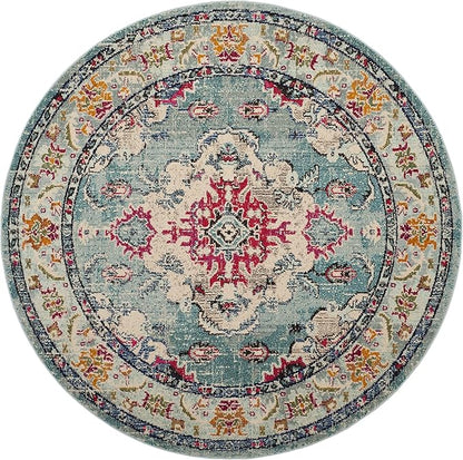 SAFAVIEH Monaco Collection Area Rug - 6'7" Round, Light Blue & Fuchsia, Boho Chic Medallion Distressed Design, Non-Shedding & Easy Care, Ideal for High Traffic Areas in Living Room, Bedroom (MNC243J)