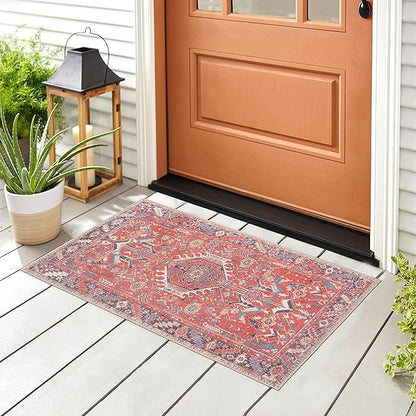 GLN Rugs Traditional Collection - Machine Washable Area Rug, Traditional Washable, Non Slip, Low Pile Chenille Rug, Living Room, Bedroom, Kitchen Rug (2' x 3' Multi Red)