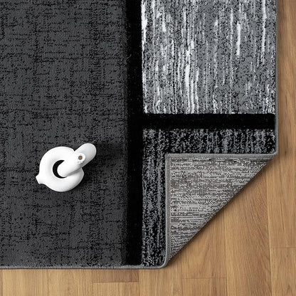 Area Rug Modern 2x7 Grey Black Squares Geometry Soft Hand Carved Contemporary Floor Carpet Fluffy Texture for Indoor Living Dining Room and Bedroom Area