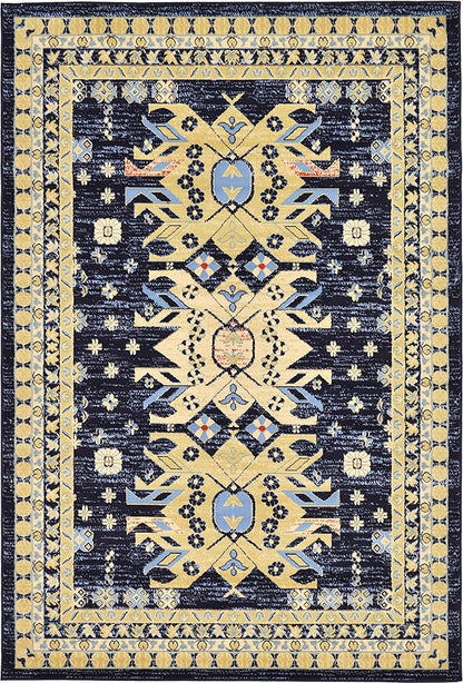 Unique Loom Taftan Collection Border Geometric Tribal Inspired Design Area Rug (6' 0 x 9' 0 Rectangular, Navy Blue/ Gold)
