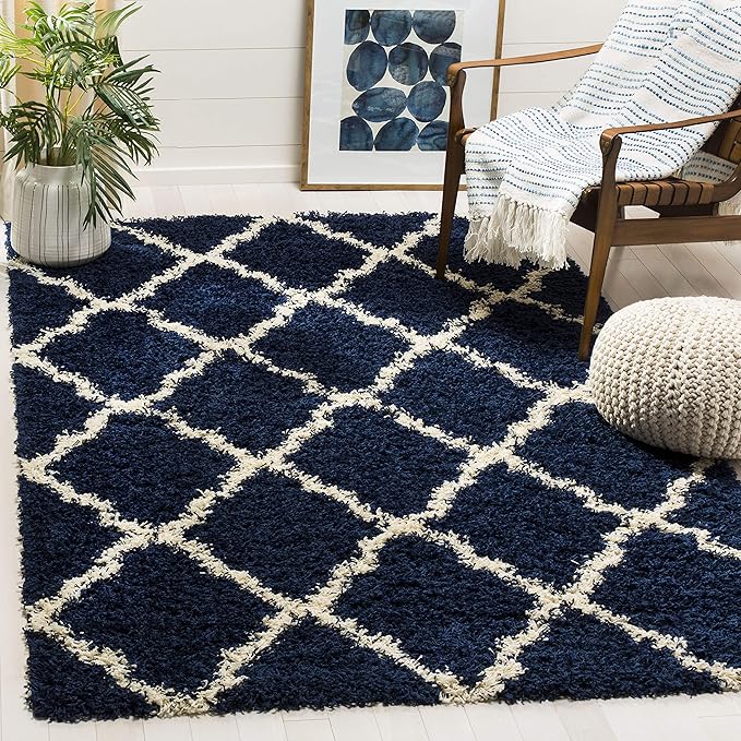SAFAVIEH Dallas Shag Collection Area Rug - 8'6" x 12', Navy & Ivory, Trellis Design, Non-Shedding & Easy Care, 1.5-inch Thick Ideal for High Traffic Areas in Living Room, Bedroom (SGD257N)