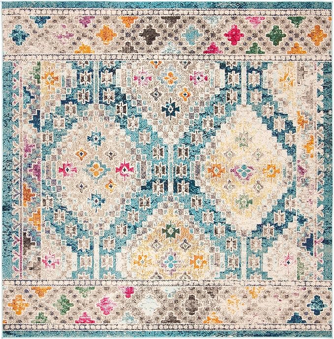 SAFAVIEH Madison Collection Area Rug - 3' Square, Dark Blue & Yellow, Boho Diamond Distressed Design, Non-Shedding & Easy Care, Ideal for High Traffic Areas in Living Room, Bedroom (MAD418N)
