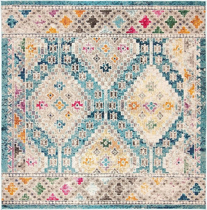 SAFAVIEH Madison Collection Area Rug - 3' Square, Dark Blue & Yellow, Boho Diamond Distressed Design, Non-Shedding & Easy Care, Ideal for High Traffic Areas in Living Room, Bedroom (MAD418N)