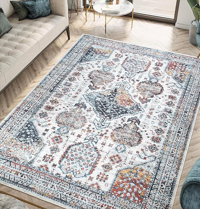 Keen Home Design 6x9 Rug - Machine Washable Area Rug with Non-Slip Backing, Ideal for Living Room, Dining Room, Bedroom - Vintage, Easy Clean, Durable, Low Pile - (6' x 9')