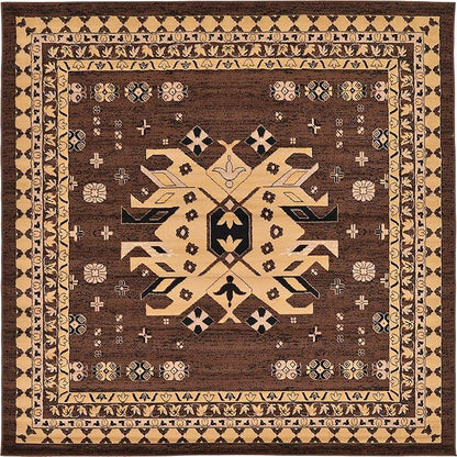Unique Loom Taftan Collection Border Geometric Tribal Inspired Design Area Rug (8' 0 x 8' 0 Square, Brown/ Tan)