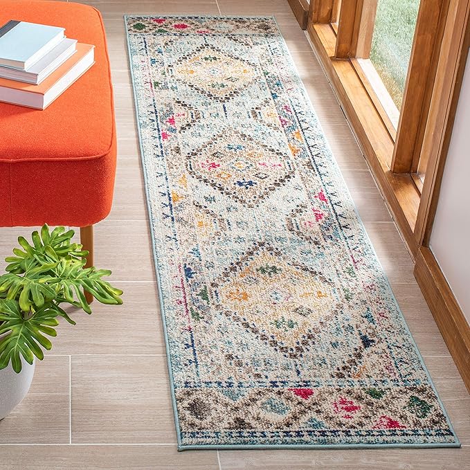 SAFAVIEH Madison Collection Runner Rug - 2'2" x 12', Blue & Yellow, Boho Diamond Distressed Design, Non-Shedding & Easy Care, Ideal for High Traffic Areas in Living Room, Bedroom (MAD418K)