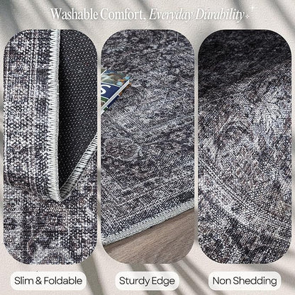 Fame Rugs Turkish Rug. Washable Vintage Oriental Antique Inspired Traditional Doormat Small Modern Area Rugs Luxury Entryway Entry Bedroom Bathroom Kitchen (396NN, 2'5 x 9'8)
