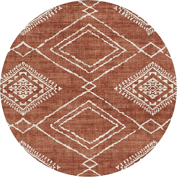 ReaLife Rugs Machine Washable Area Rug - Living Room Bedroom Bathroom Kitchen Entryway Office - Non Slip Low Pile Stain Resistant Premium - Moroccan Diamond Tribal - Jax - Orange 6' Round