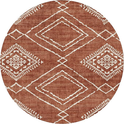 ReaLife Rugs Machine Washable Area Rug - Living Room Bedroom Bathroom Kitchen Entryway Office - Non Slip Low Pile Stain Resistant Premium - Moroccan Diamond Tribal - Jax - Orange 6' Round