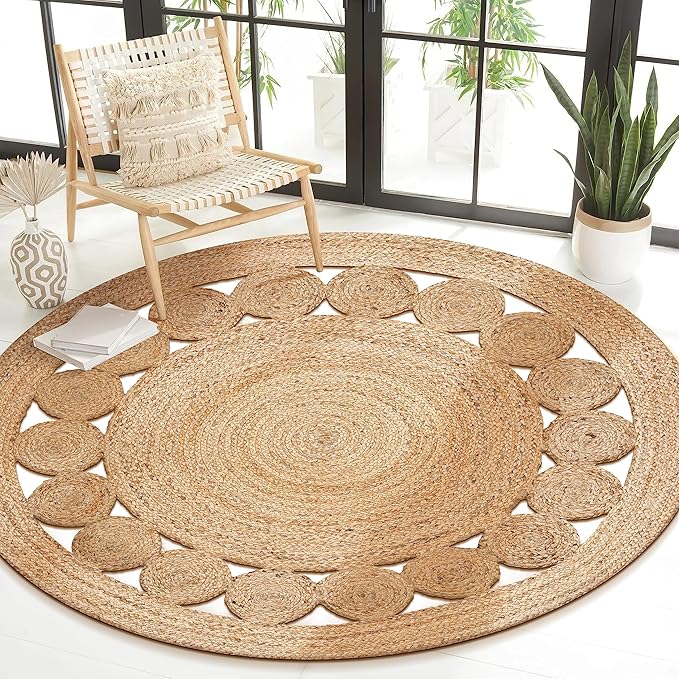 Savi Home Hand Woven Jute Braided Dot Rug, 3' Round - Natural, Reversible Area Rugs for Living Room, Farmhouse, Kitchen, Handcrafted 3 Feet Round Area Rugs - Natural