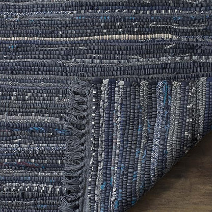 SAFAVIEH Rag Rug Collection Area Rug - 6' Square, Ink & Multi, Handmade Boho Stripe Cotton, Ideal for High Traffic Areas in Living Room, Bedroom (RAR121C)
